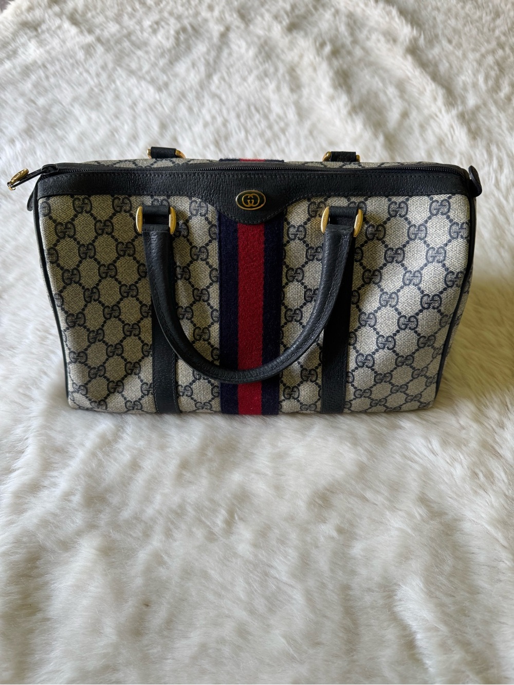 Gucci Beige GG Canvas vintage Satchel with Red & Navy Stripe